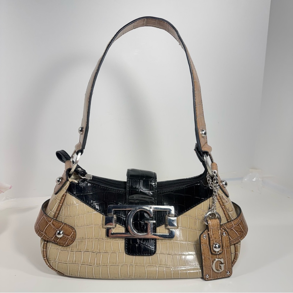 Vintage Guess Frontier Croc Hobo Bag Beige Black 2010